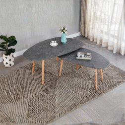 סט 2 שולחנות קפה לסלון בצבע אפור עם רגלי עץ גוון אלון 610