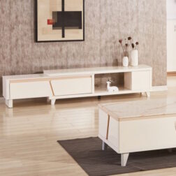 מזנון שידת טלוויזיה עם פלטת זכוכית שיש TVS05  שמנת