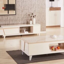 שולחן סלון קפה עם פלטת זכוכית שיש CTS05 שמנת