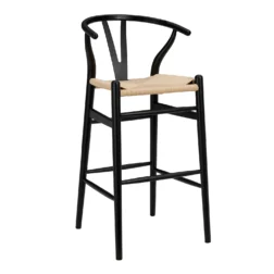 כיסא בר עץ שחור עם מושב חבלים טבעי WISHBONE BAR